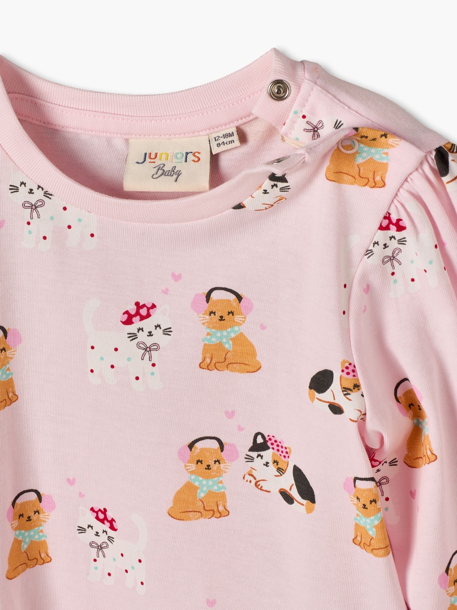 Crew Neck Long Sleeves T-Shirt with Cat Print