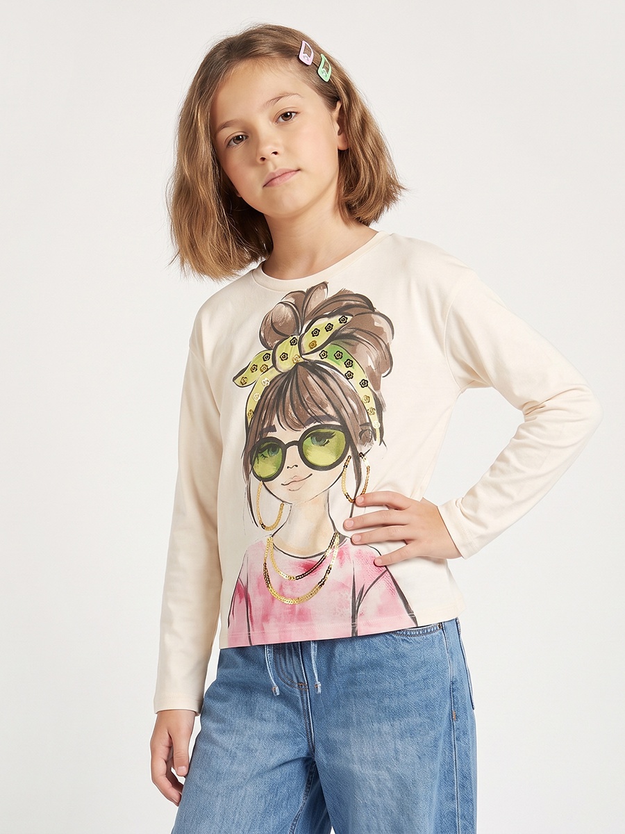 Crew Neck Long Sleeves T-Shirt with Illustrated Print