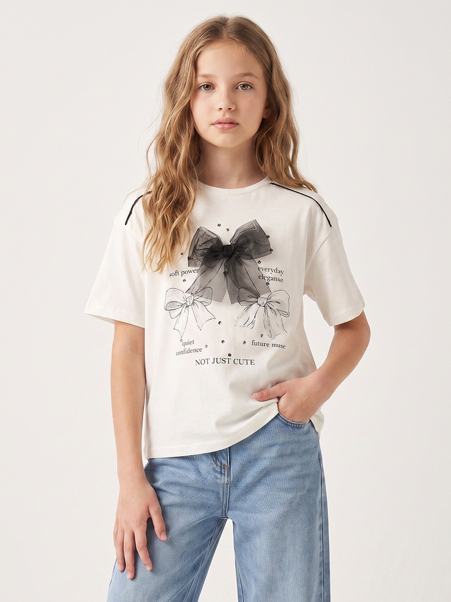 Crew Neck Short Sleeves T-Shirt with Bow Applique