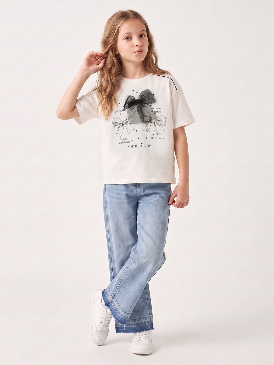 Crew Neck Short Sleeves T-Shirt with Bow Applique