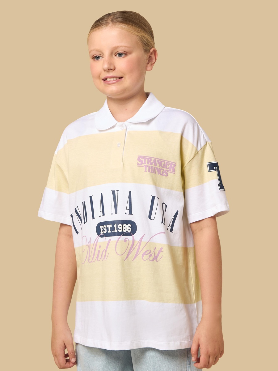 Stranger Things Print Oversized Cotton Polo T-Shirt