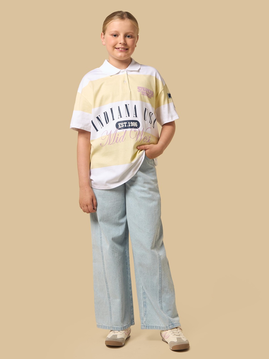 Stranger Things Print Oversized Cotton Polo T-Shirt