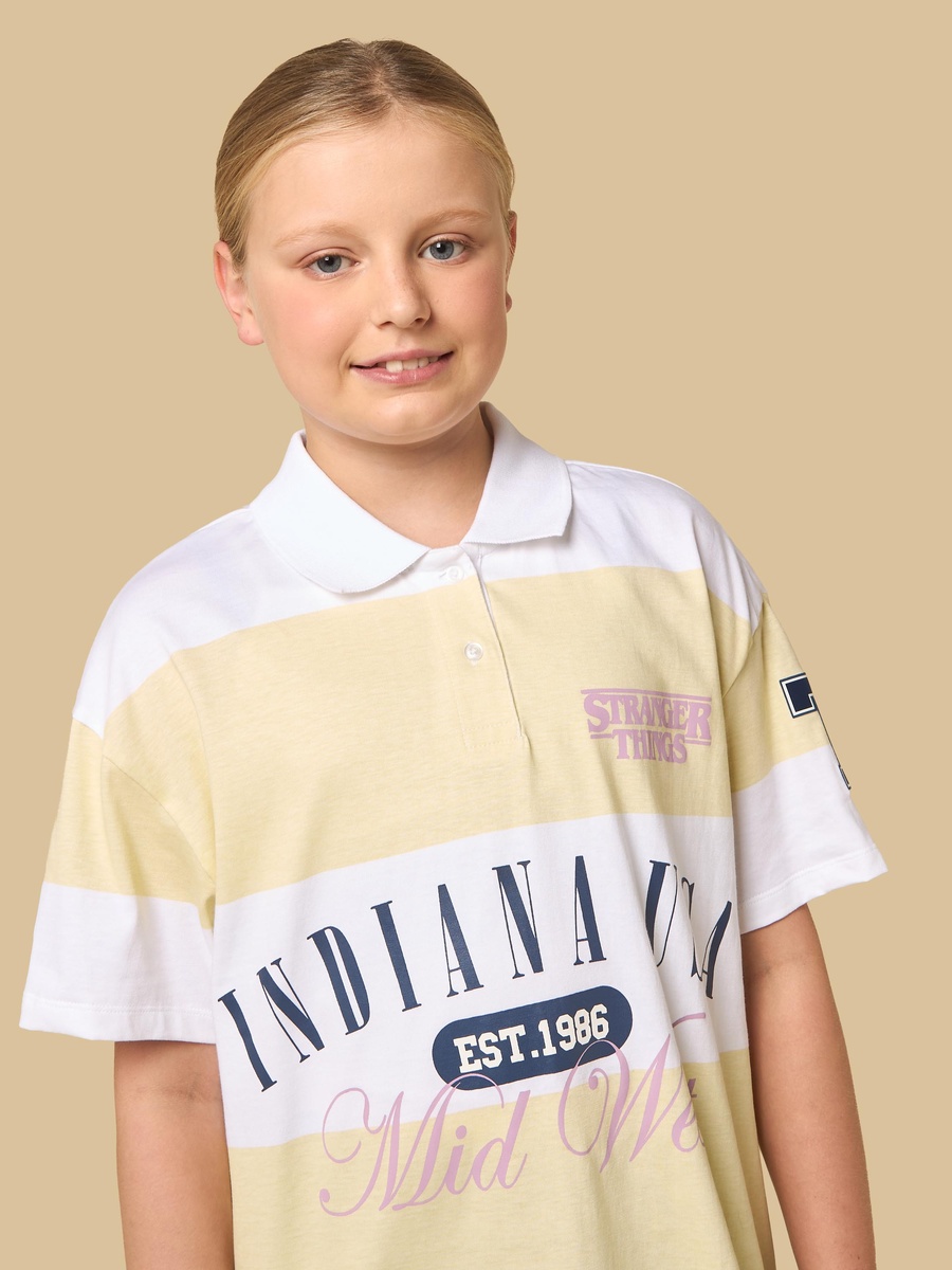 Stranger Things Print Oversized Cotton Polo T-Shirt