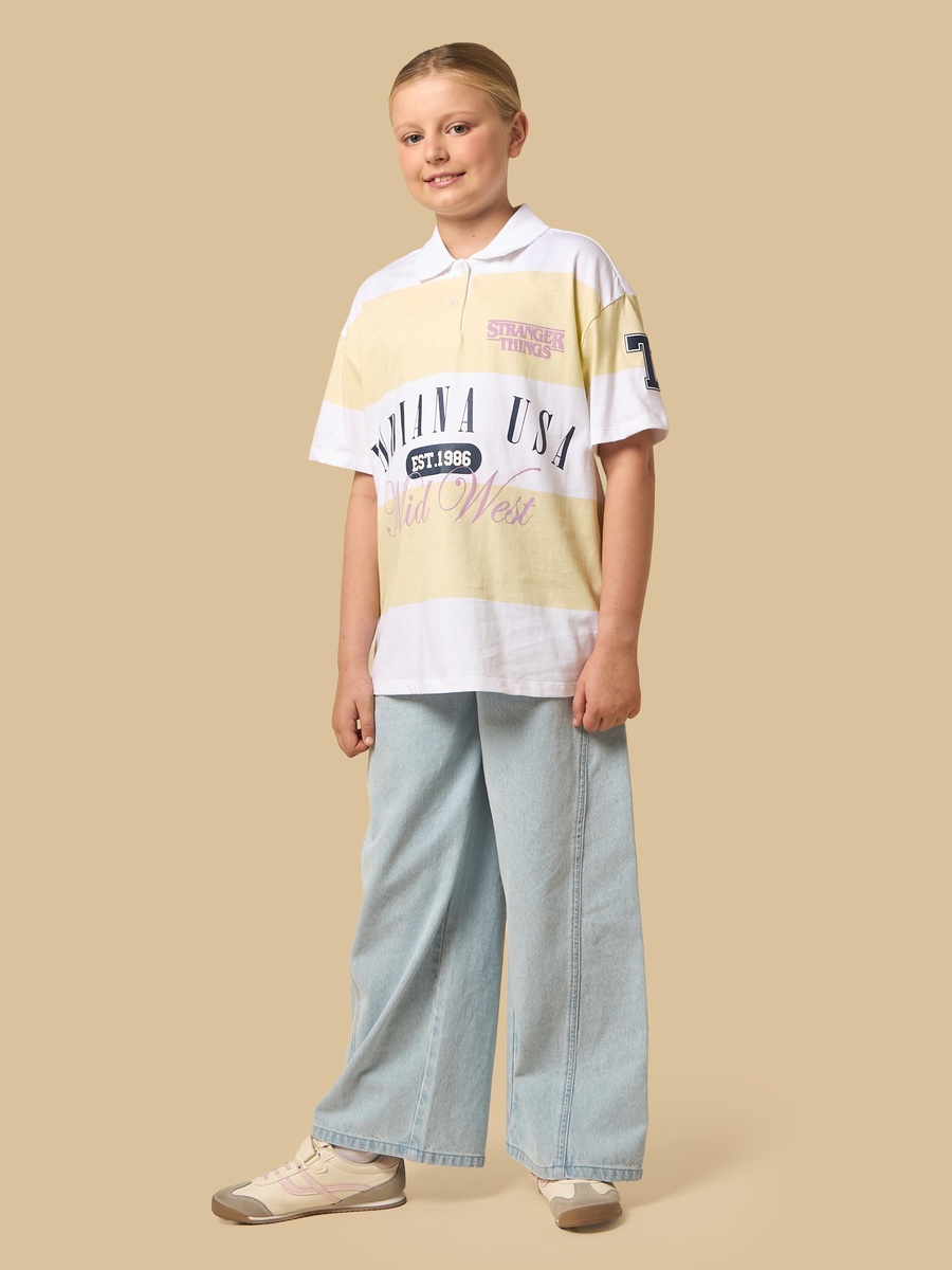 Stranger Things Print Oversized Cotton Polo T-Shirt