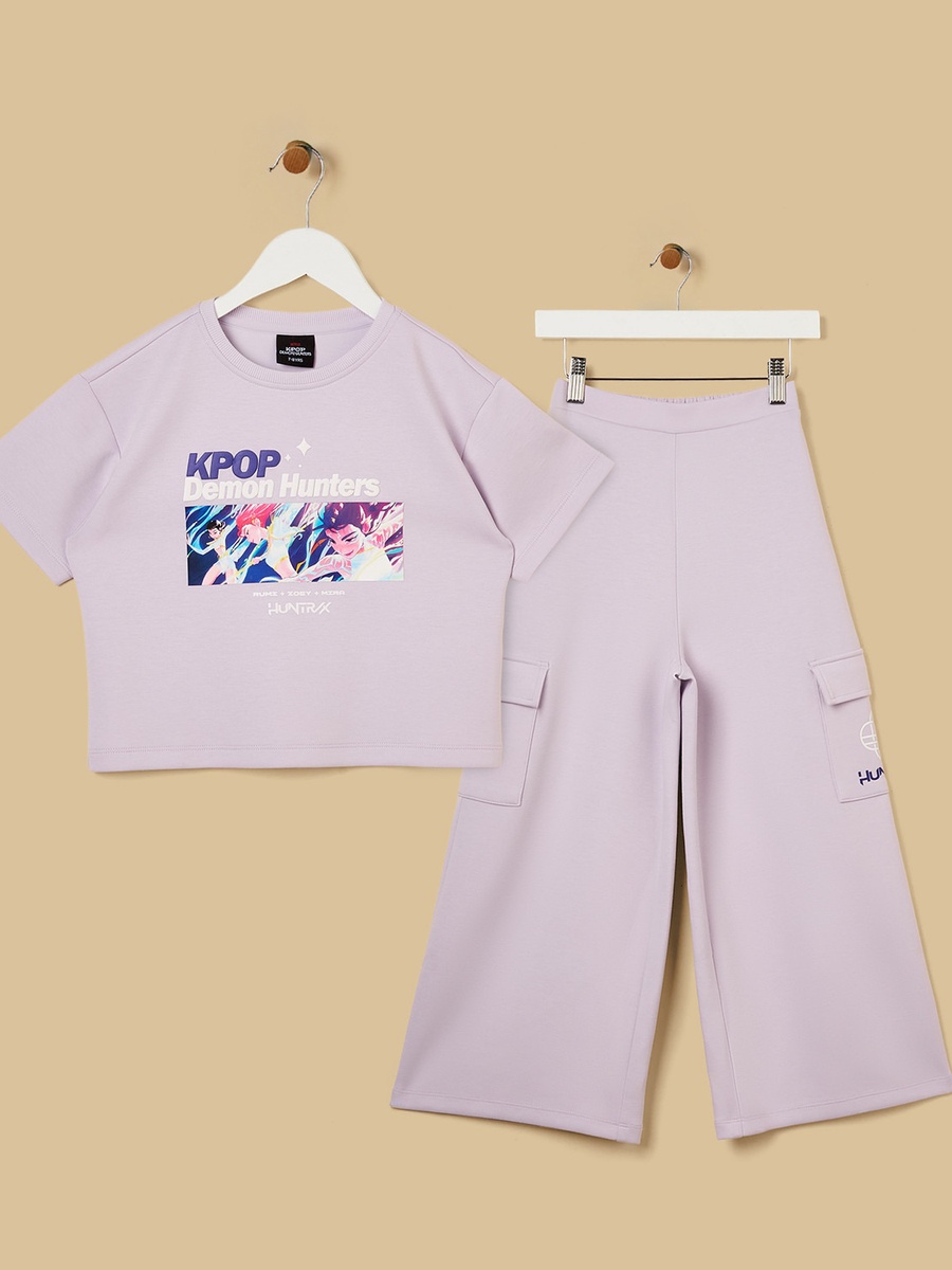 KPop Demon Hunters Print Oversized T-Shirt with Wide Leg Cargo Pants