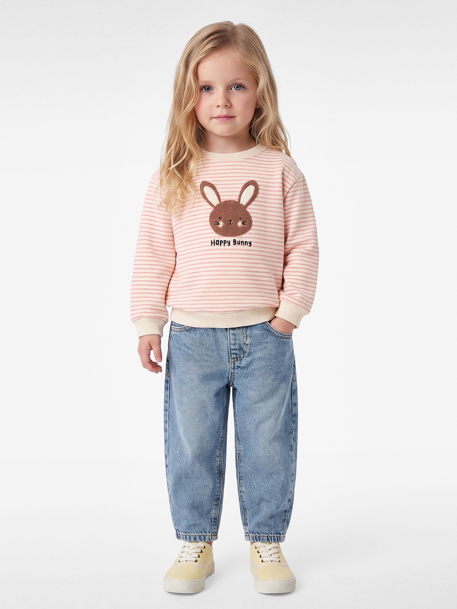 Baby Striped Cotton Sweatshirt with Bunny Applique