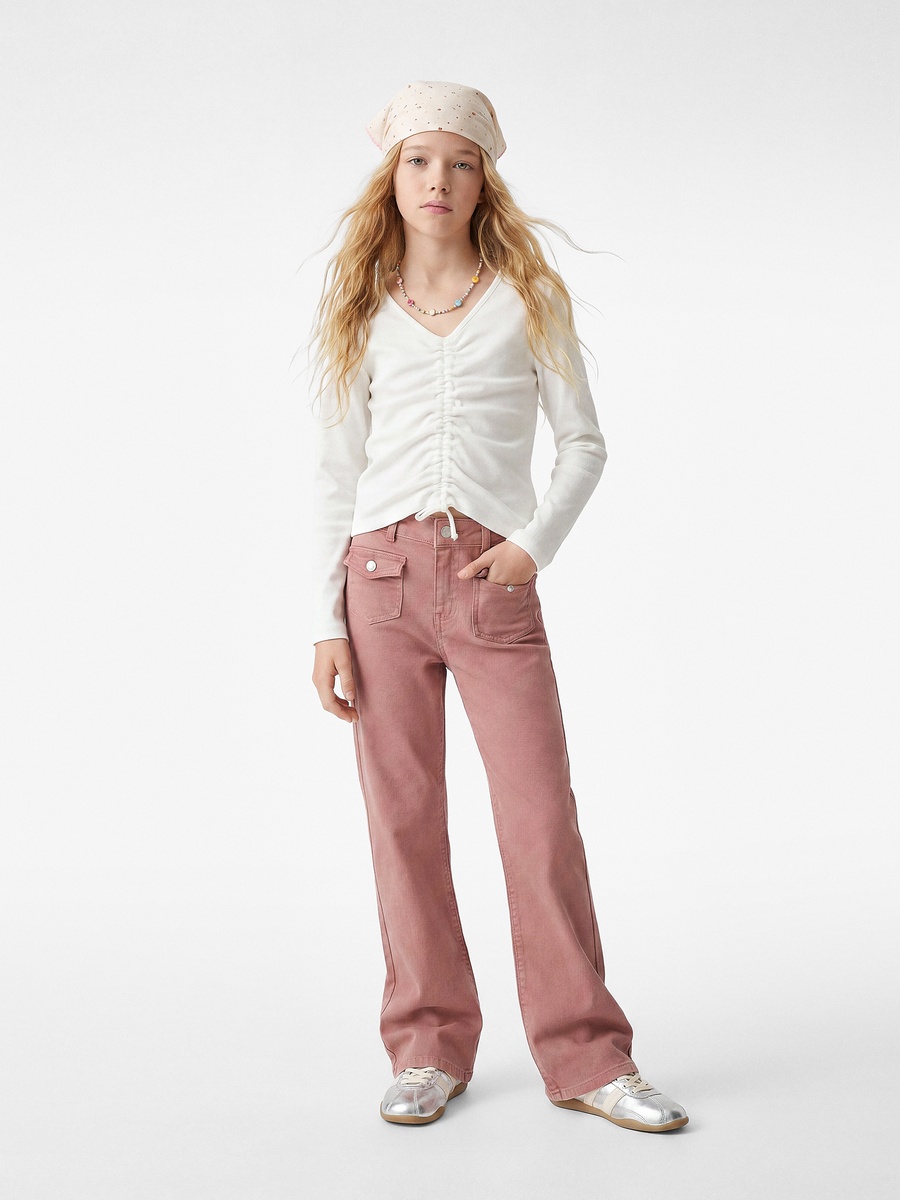 Girls Ribbed V-Neck Long Sleeve Top