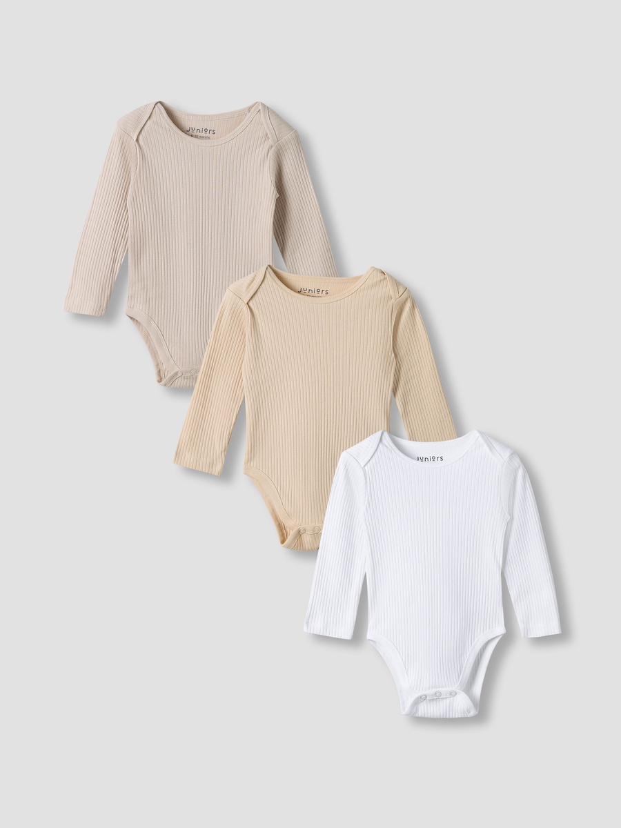 Juniors Round Neck Bodysuit with Snap Button Closure - Cotton - Long Sleeves - Set of 3