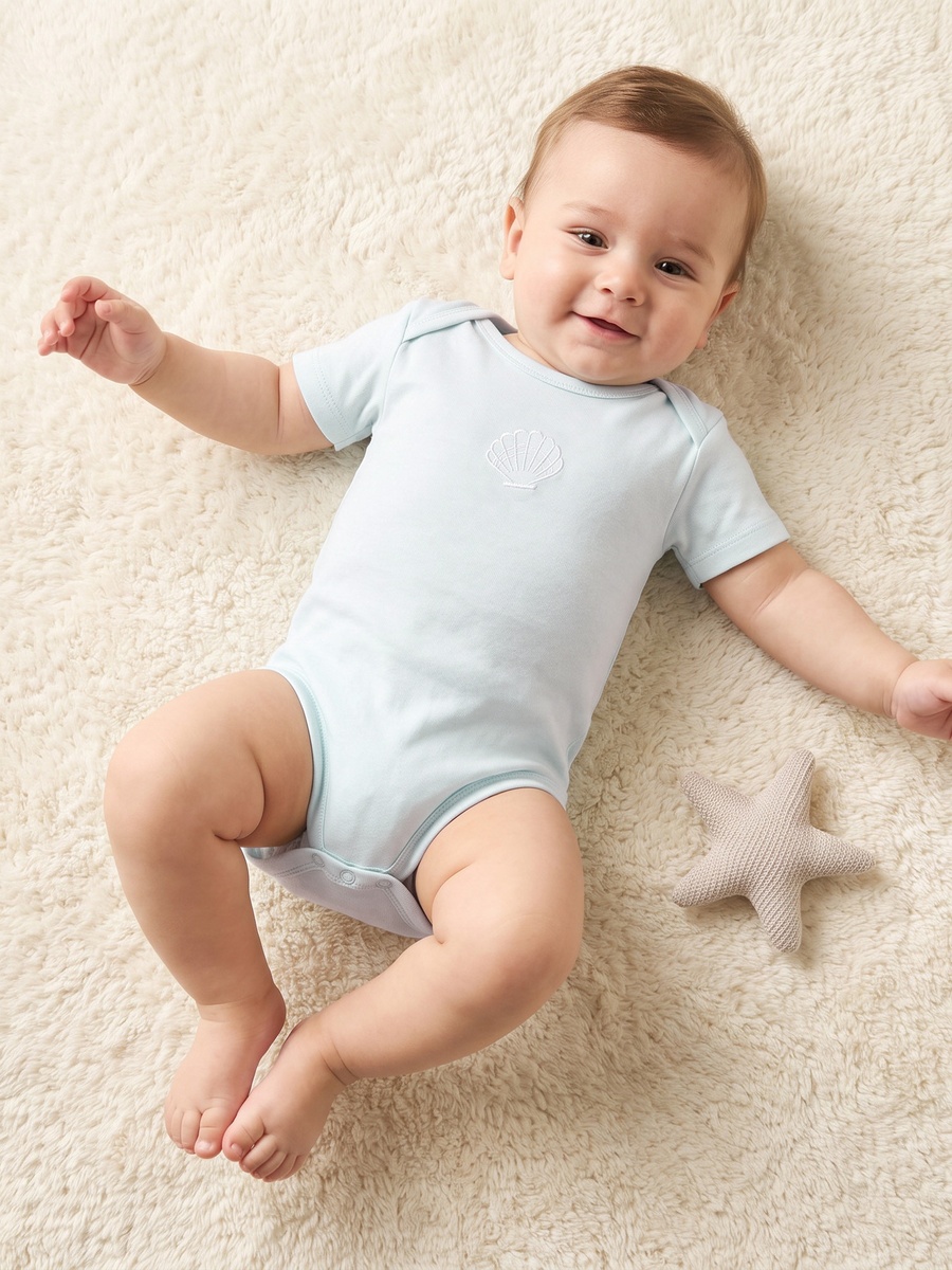 Juniors Cotton Crew Neck Short Sleeves Bodysuit with Seashell Embroidery