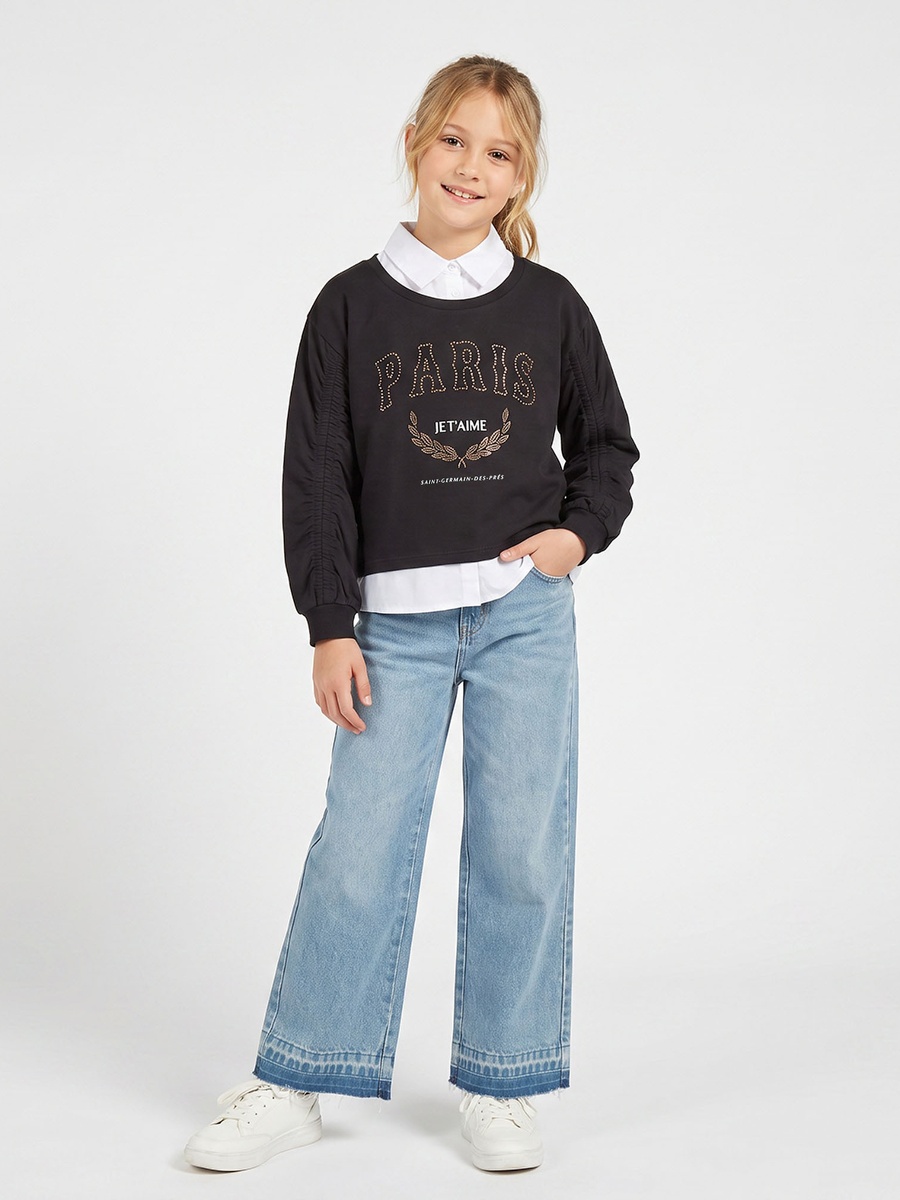 Juniors Embellished Sweatshirt with Ruched Sleeves