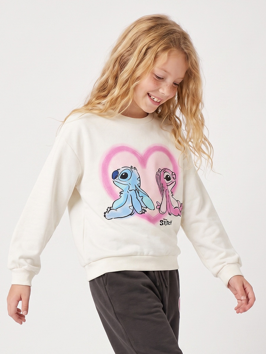 Disney Crew Neck Sweatshirt with Stitch and Angel Print