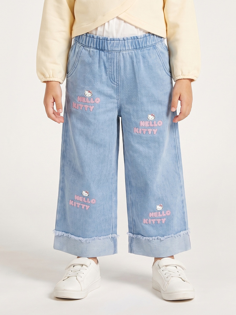 Sanrio Elasticated Waist Wide Leg Jeans with Hello Kitty Embroidery