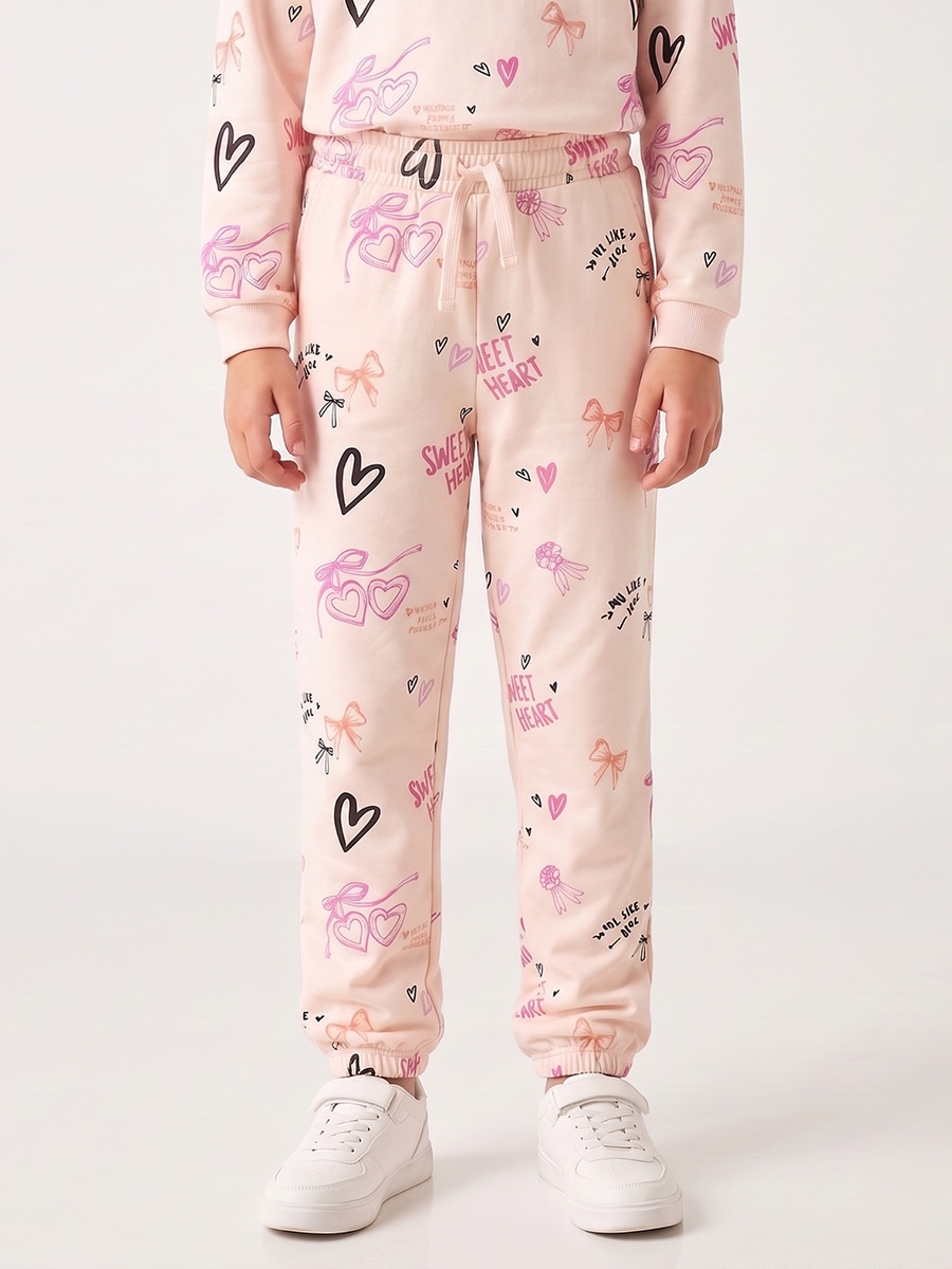 Juniors Drawstring Waist Wide Leg  Joggers with Heart Print
