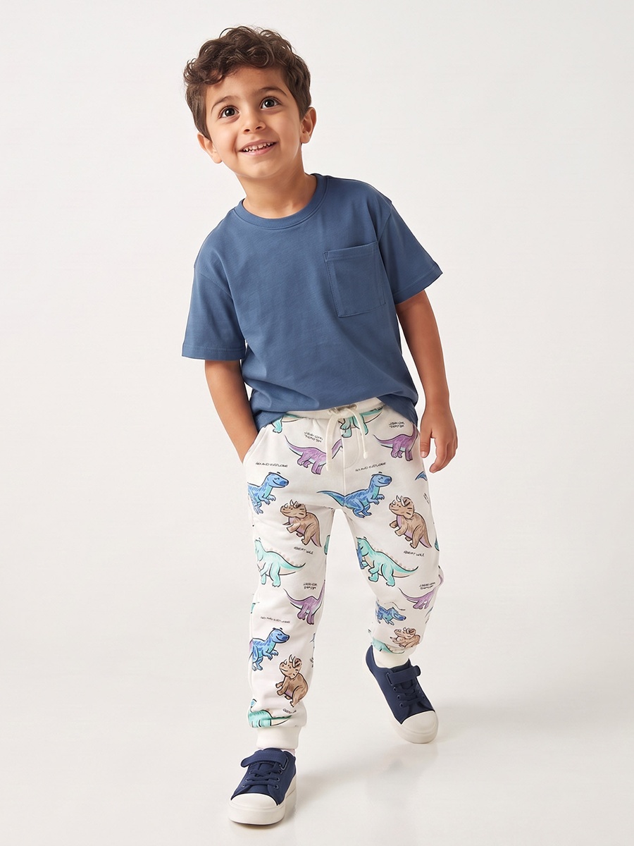 Juniors Elasticated Drawstring Waist Joggers with Dinosaur Print