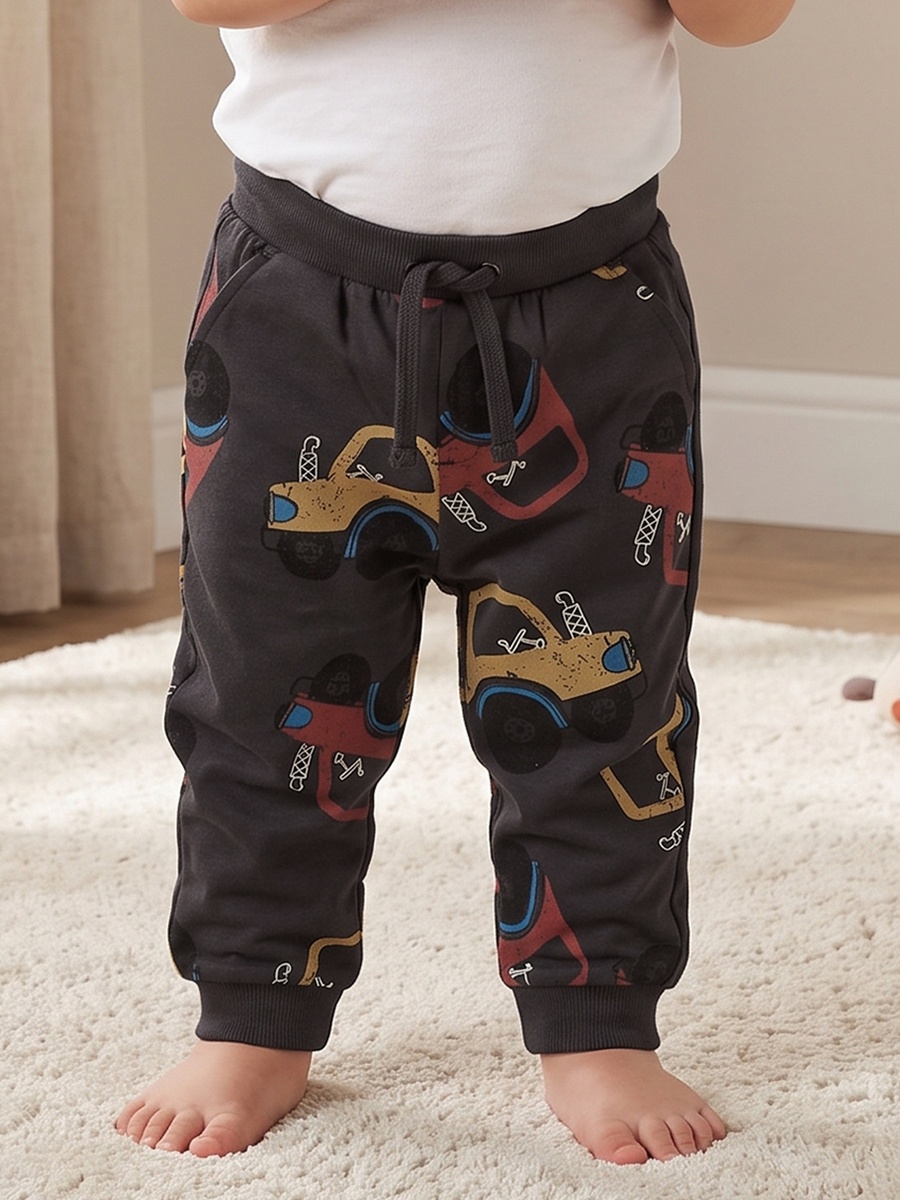 Juniors Drawstring Waist Joggers with Construction Vehicle Print