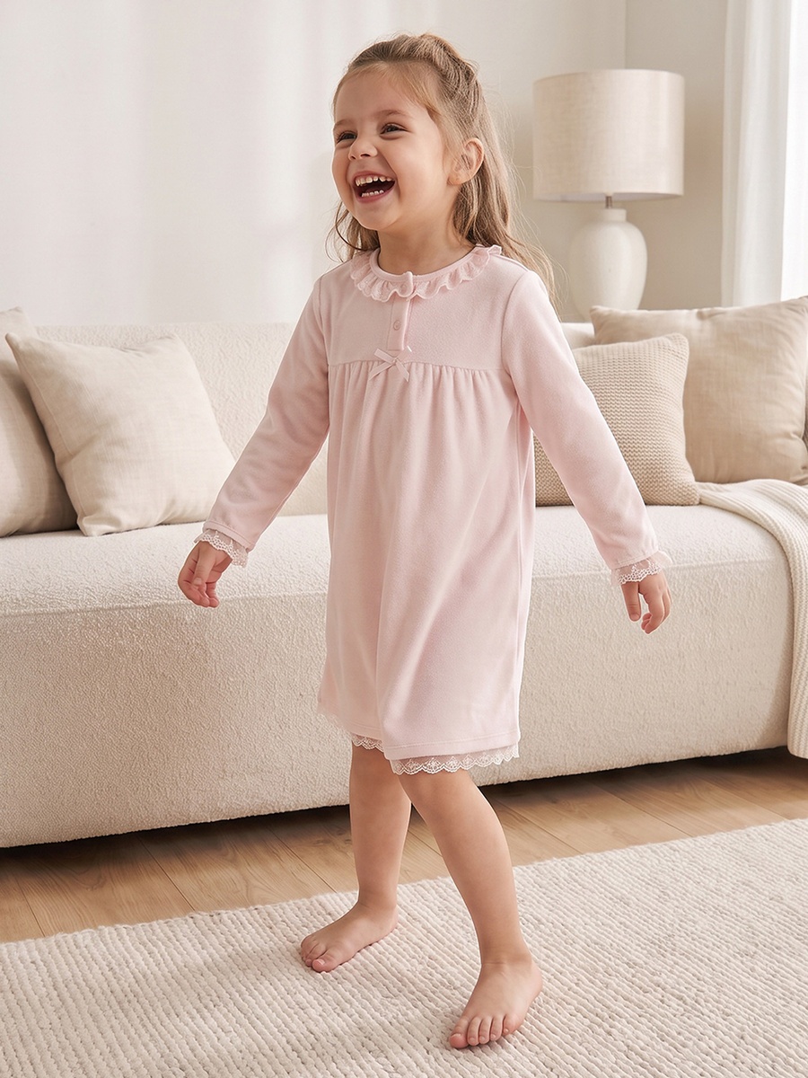Juniors Round Neck Long Sleeves Nightdress with Lace Trim