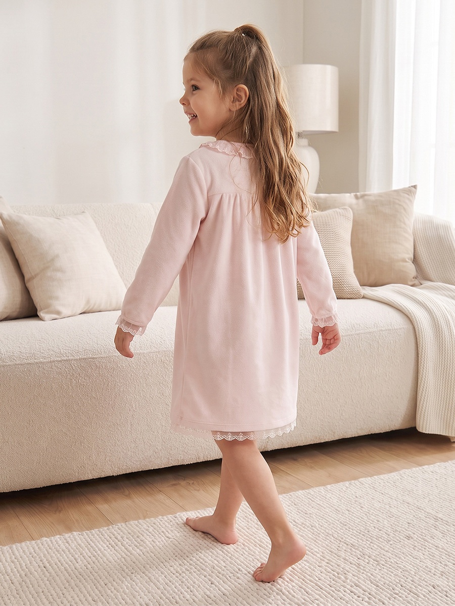 Juniors Round Neck Long Sleeves Nightdress with Lace Trim