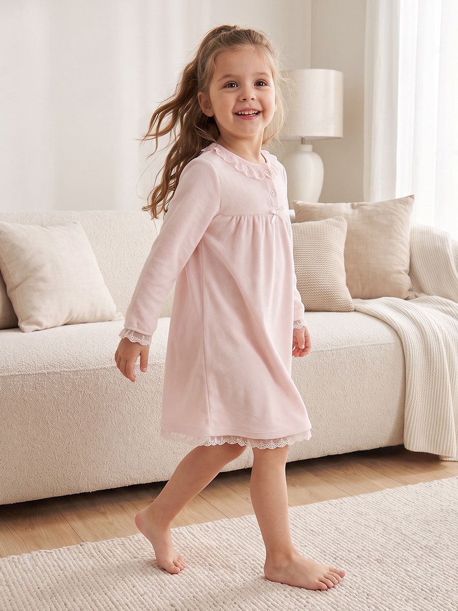 Juniors Round Neck Long Sleeves Nightdress with Lace Trim
