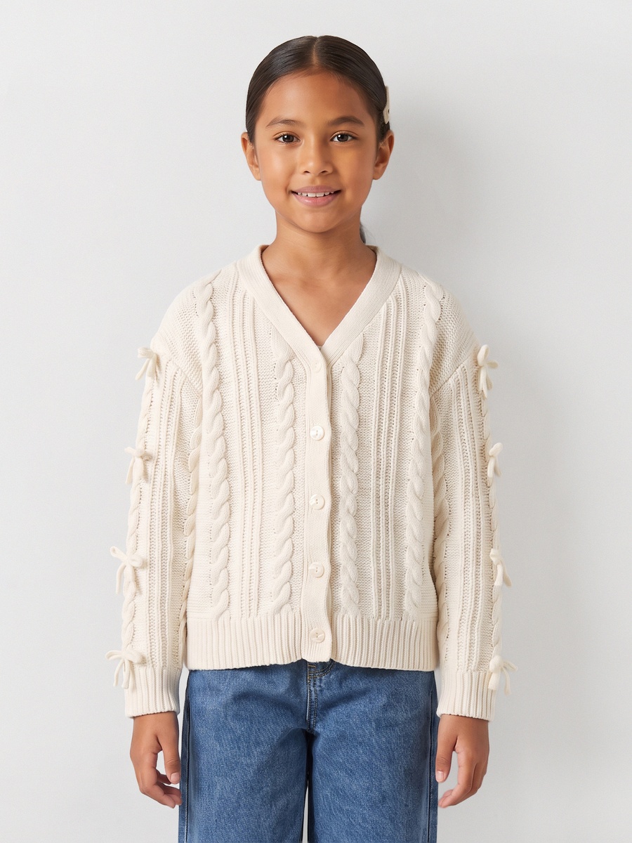 Juniors V-neck Cardigan with Bow Accent