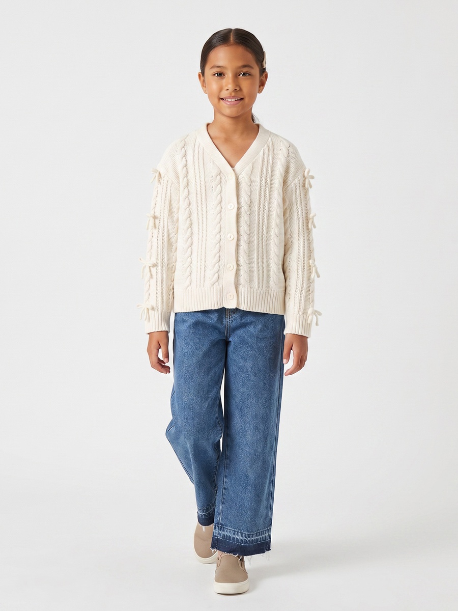 Juniors V-neck Cardigan with Bow Accent