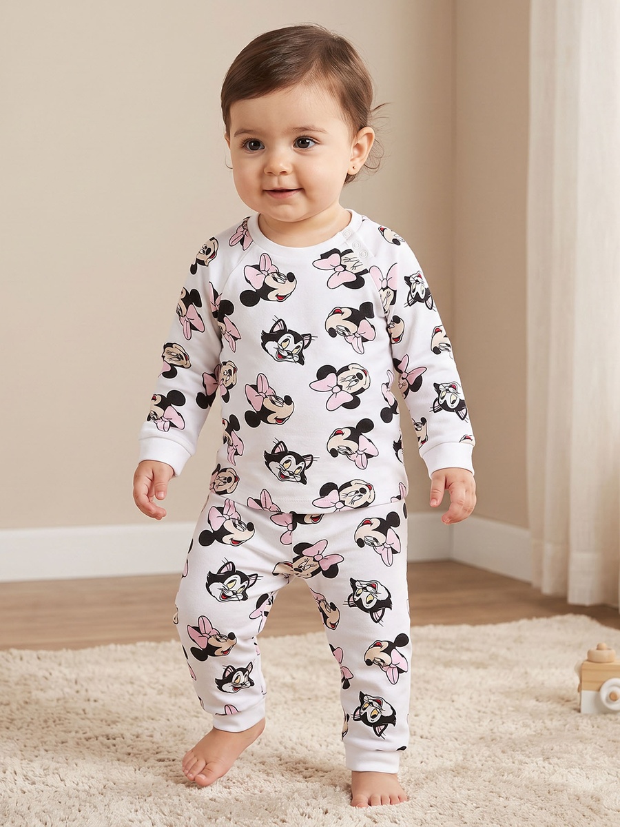 Pack of 2 Disney Cotton Crew Neck Long Sleeves Pyjama Set with Minnie Mouse Print