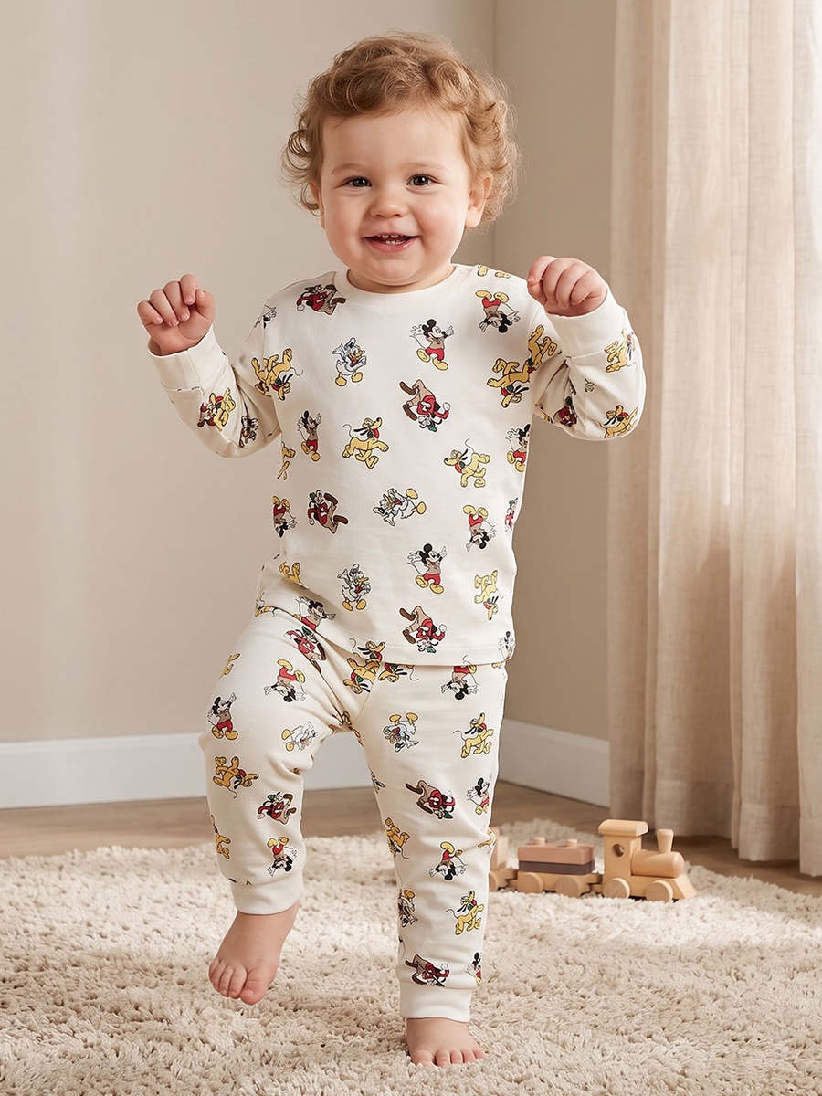 Pack of 2 Disney Cotton Crew Neck Long Sleeves Pyjama Set with Mickey Mouse Print