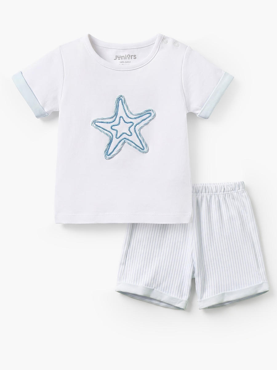 Juniors Crew Neck Short Sleeves T-shirt and Shorts Set with Starfish Embroidery