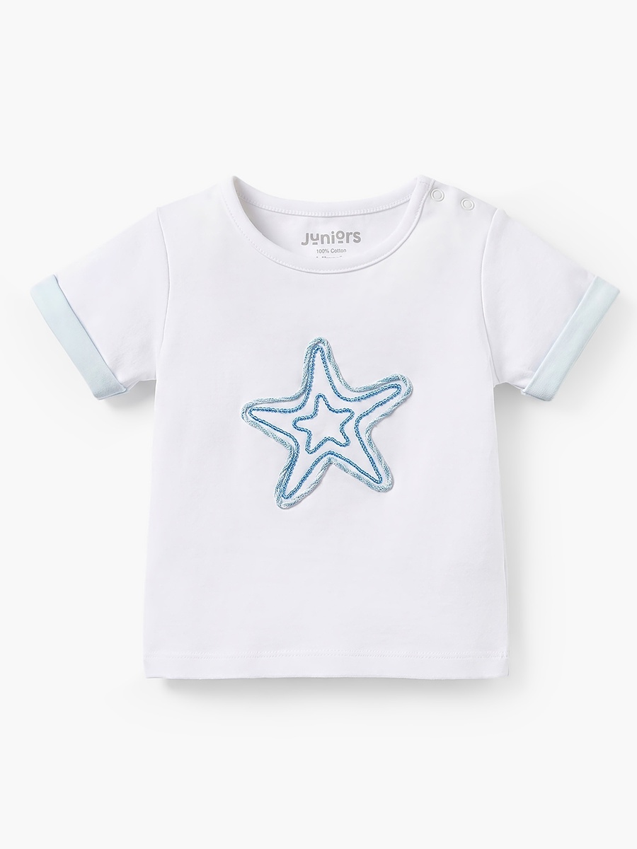 Juniors Crew Neck Short Sleeves T-shirt and Shorts Set with Starfish Embroidery
