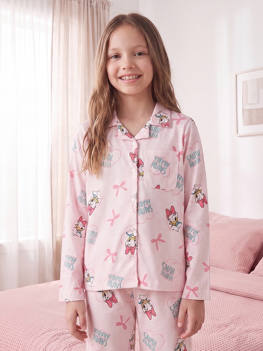 Disney Cotton Collared Long Sleeves Pyjama Set with Daisy Duck Print