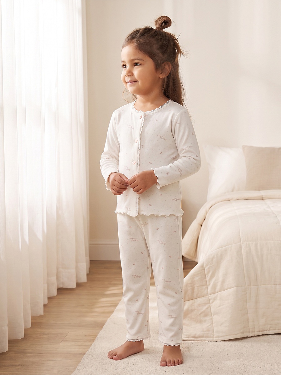 Juniors Round Neck Long Sleeves Pyjama Set with Slogan Print