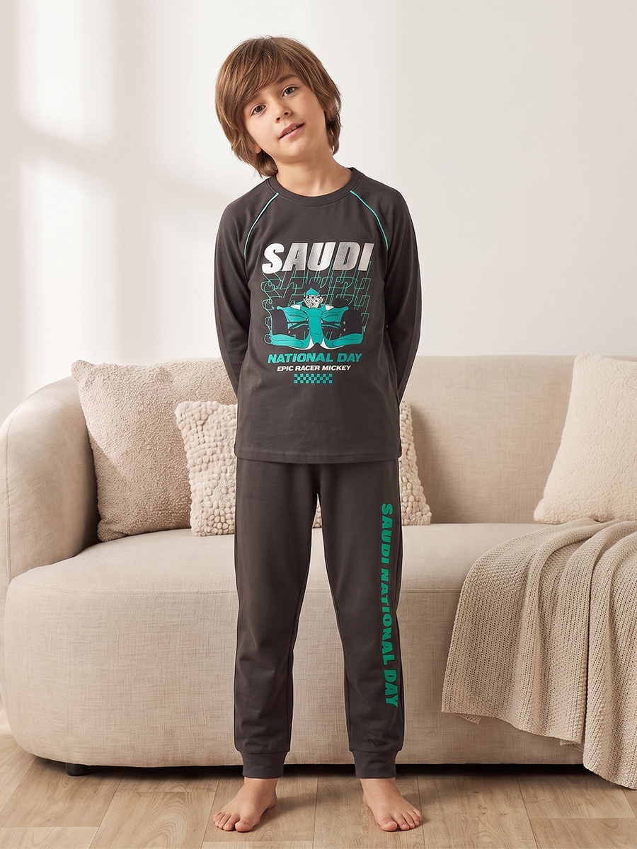 Disney Crew Neck Long Sleeves Pyjama Set with KSA National Day Print