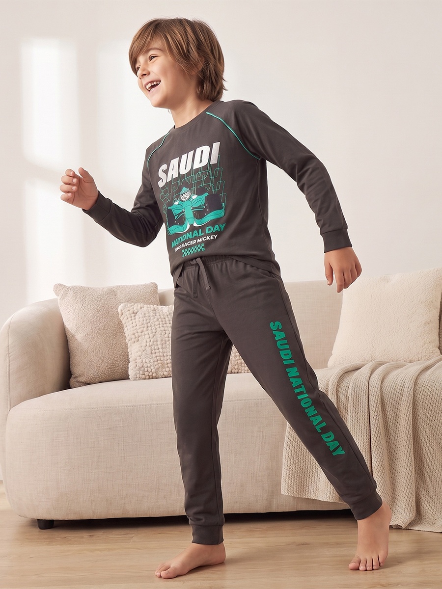 Disney Crew Neck Long Sleeves Pyjama Set with KSA National Day Print