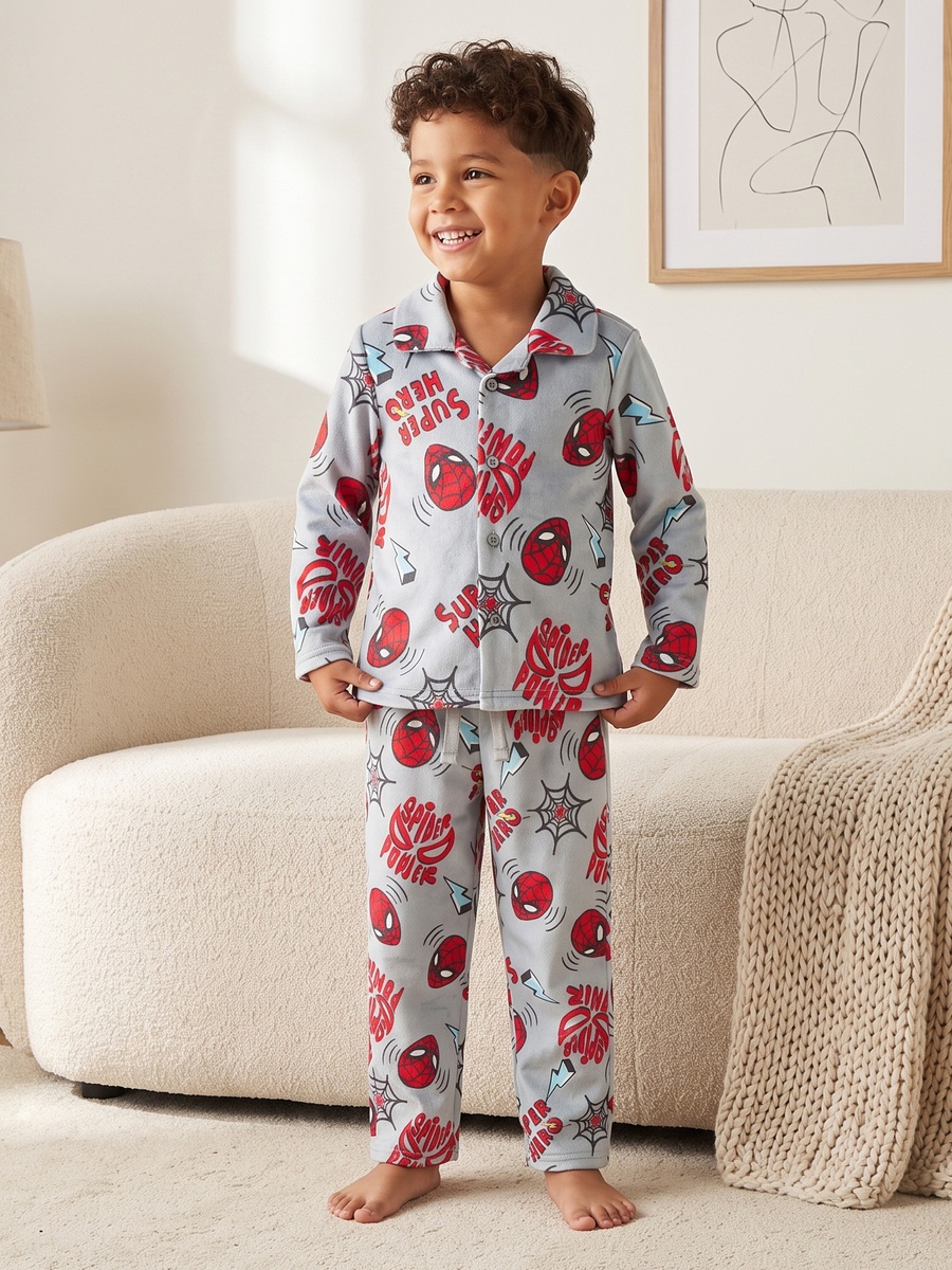 Cotton Collared Long Sleeves Pyjama Set with Spider-Man Print