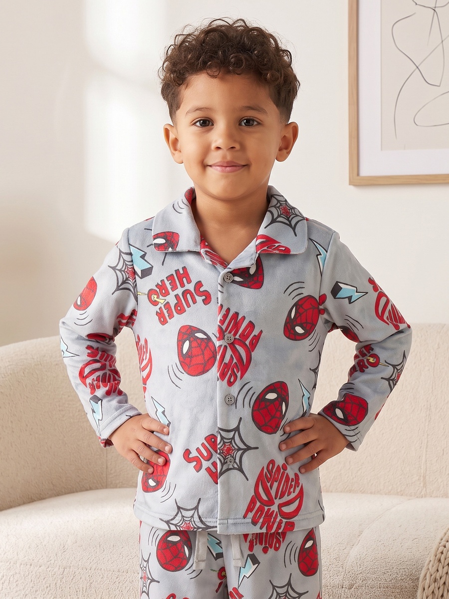 Cotton Collared Long Sleeves Pyjama Set with Spider-Man Print