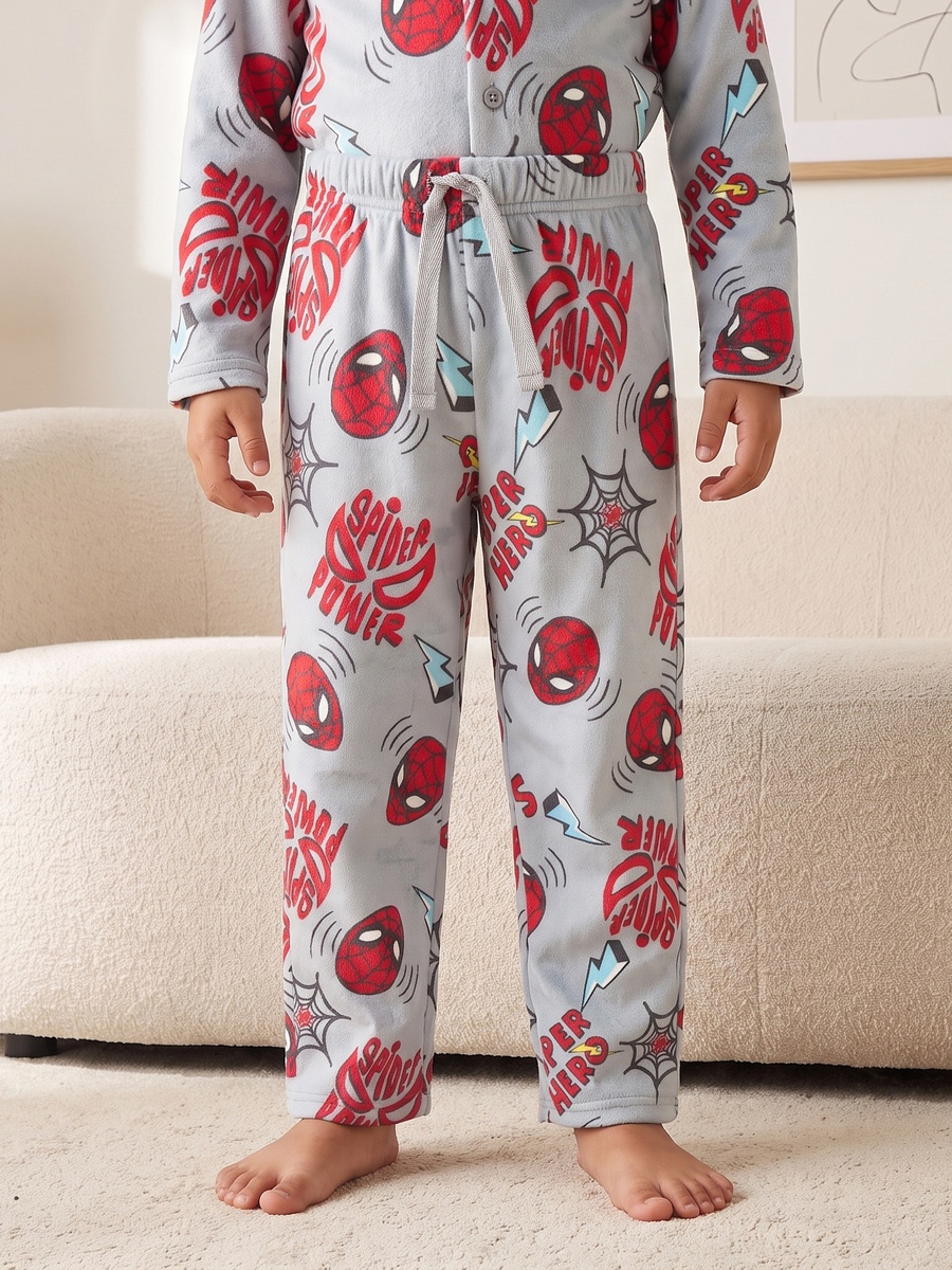 Cotton Collared Long Sleeves Pyjama Set with Spider-Man Print