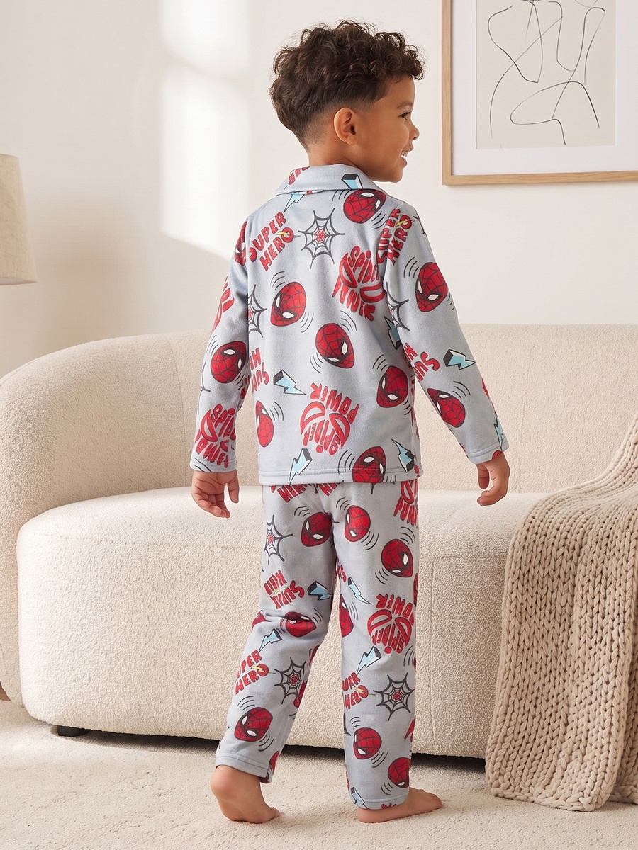 Cotton Collared Long Sleeves Pyjama Set with Spider-Man Print