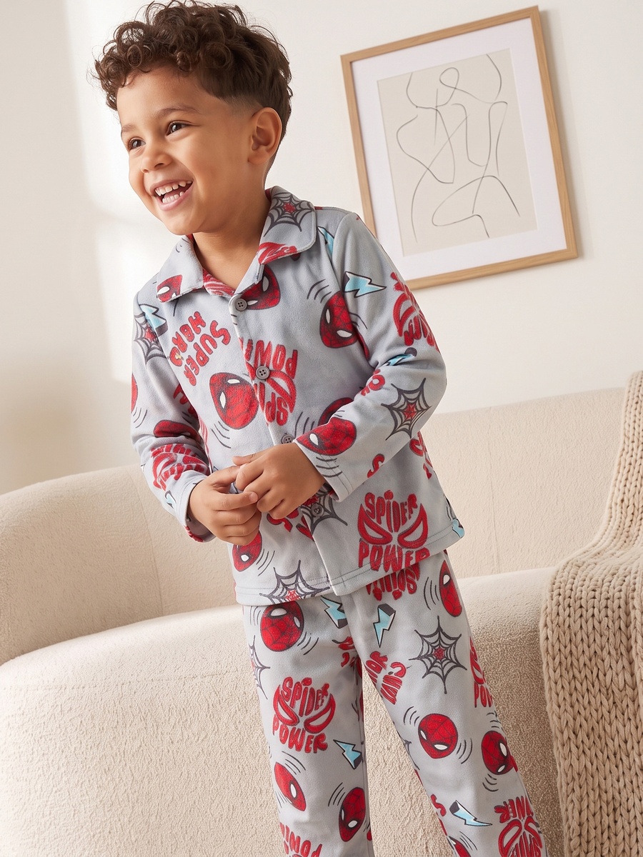 Cotton Collared Long Sleeves Pyjama Set with Spider-Man Print