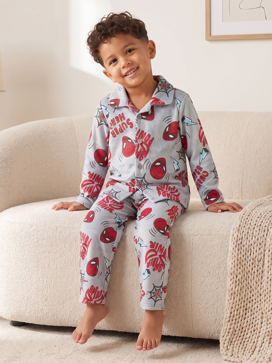 Cotton Collared Long Sleeves Pyjama Set with Spider-Man Print