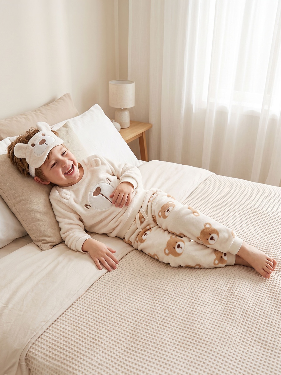 Juniors Crew Neck Long Sleeves Pyjama Set with Bear Print