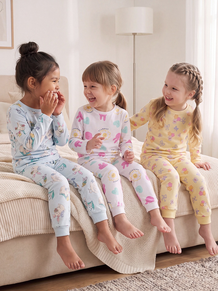 Pack of 3 Juniors Cotton Crew Neck Long Sleeves Pyjama Set with Assorted Print
