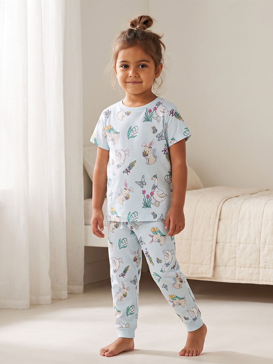 Juniors Crew Neck Short Sleeves Pyjama Set with Farm Print
