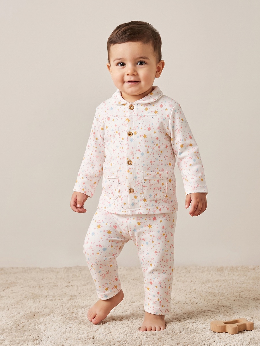 Juniors Cotton Collared Long Sleeves Shirt with Pyjamas with Star Print
