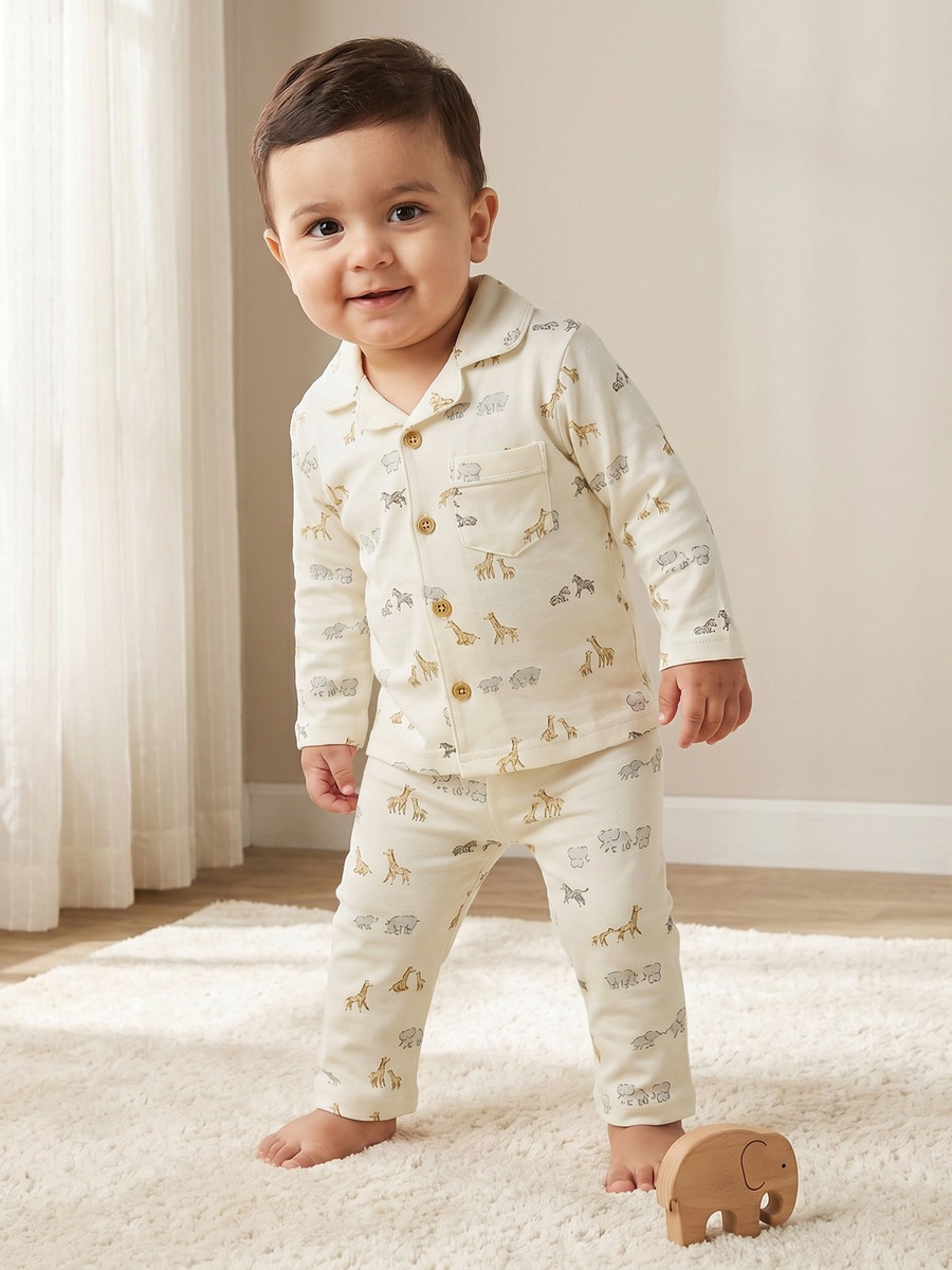Juniors Cotton Collared Long Sleeves Pyjama Set with Safari Print