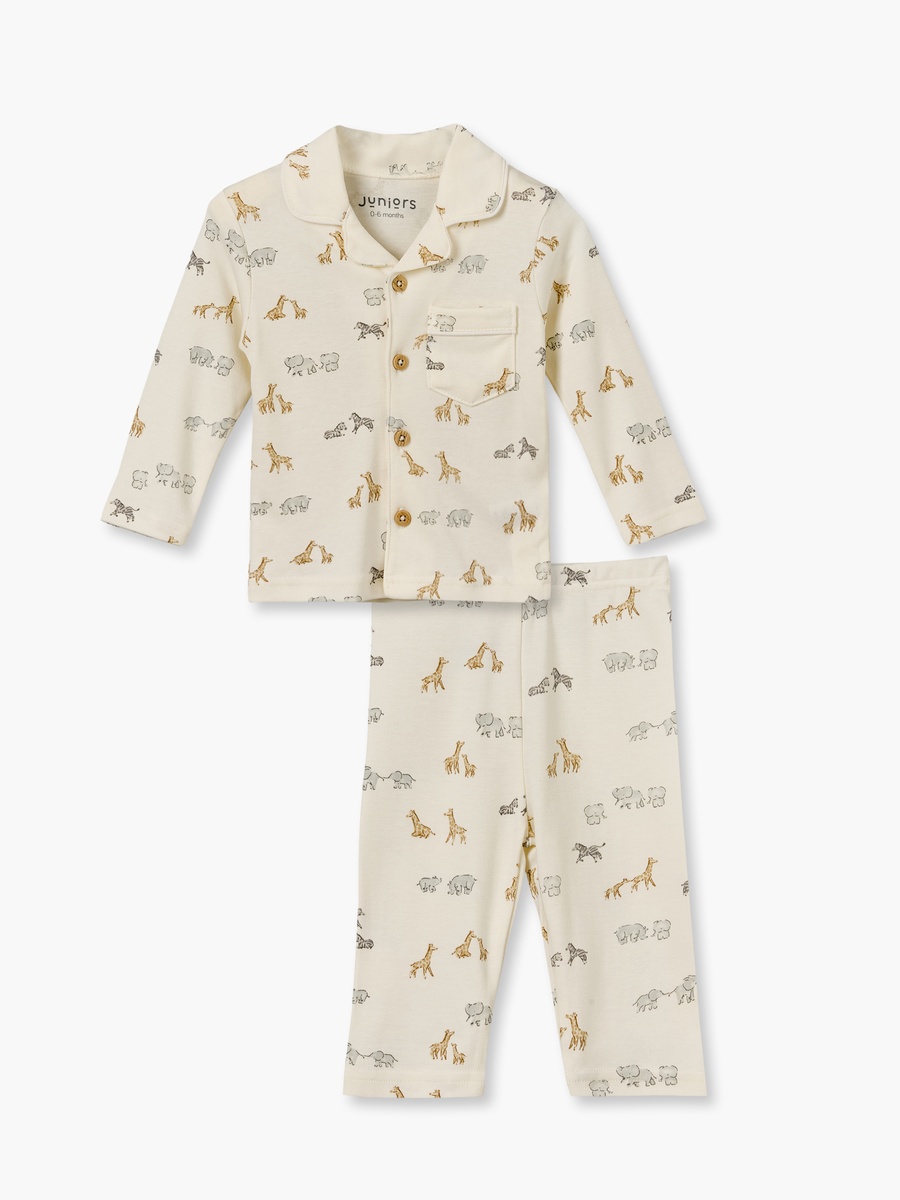 Juniors Cotton Collared Long Sleeves Pyjama Set with Safari Print