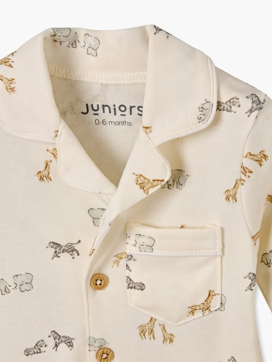 Juniors Cotton Collared Long Sleeves Pyjama Set with Safari Print