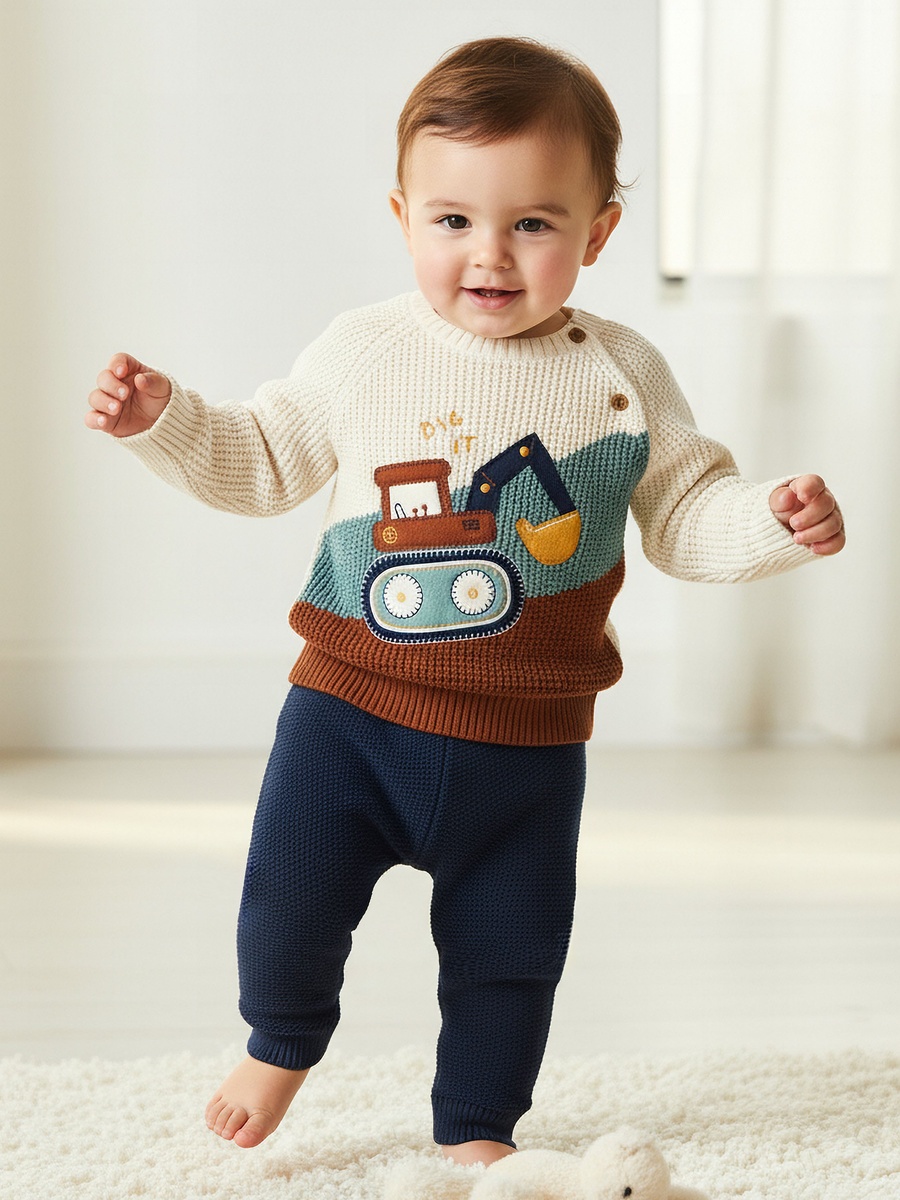 Juniors Construction Vehicle Embroidered Sweater and Pyjama Set