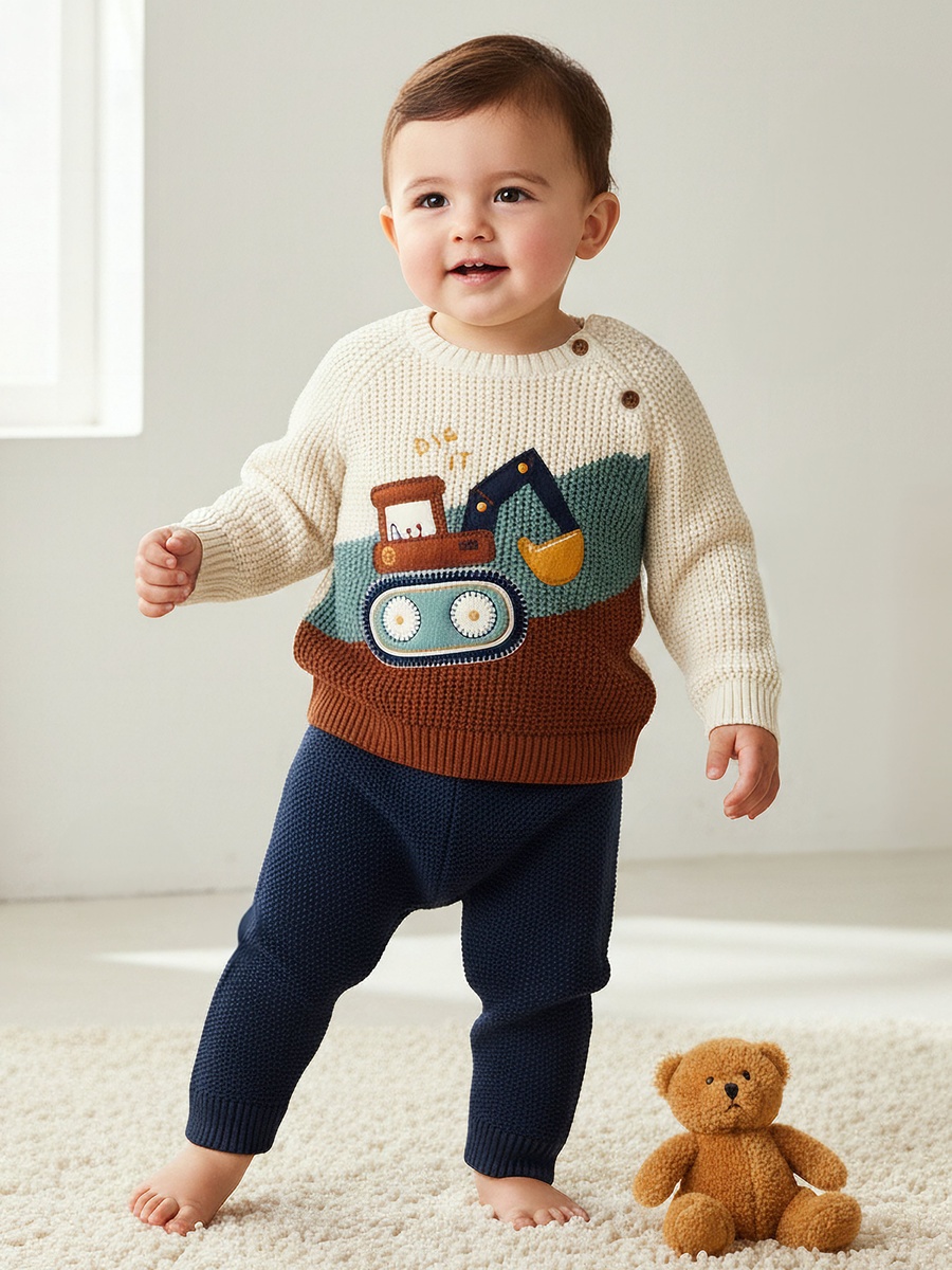 Juniors Construction Vehicle Embroidered Sweater and Pyjama Set