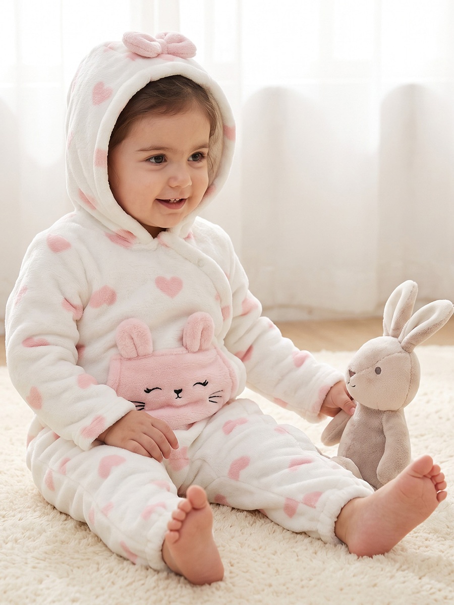 Juniors Hooded Long Sleeves Sleepsuit with Heart Print