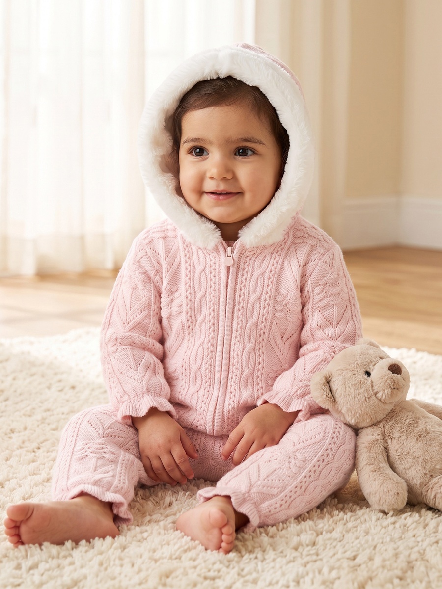Giggles Hooded Neck Long Sleeves Romper with Zip Closure
