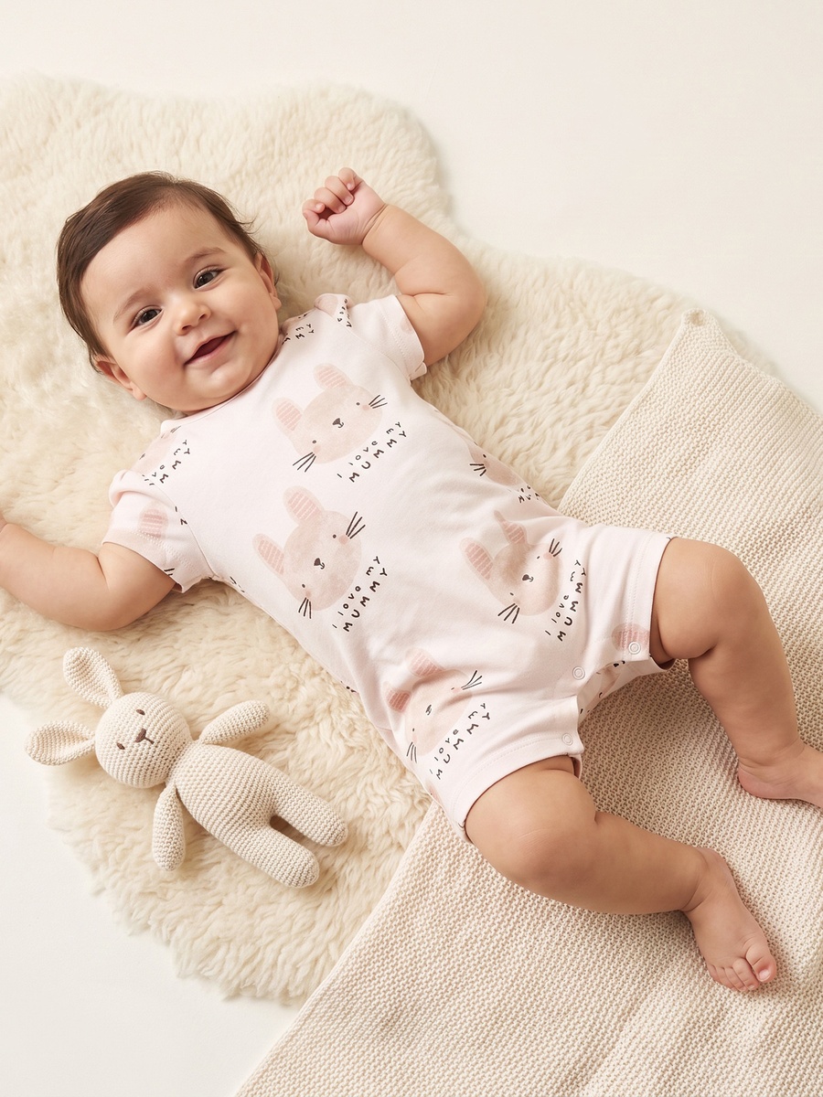Juniors Crew Neck Short Sleeves Rompers with Rabbit Print